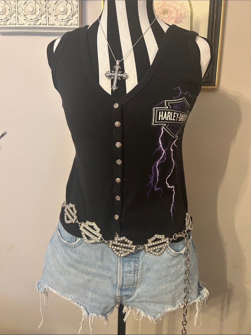 Vintage 1994 Harley-Davidson Black Tank with Purple Lightning and Logo